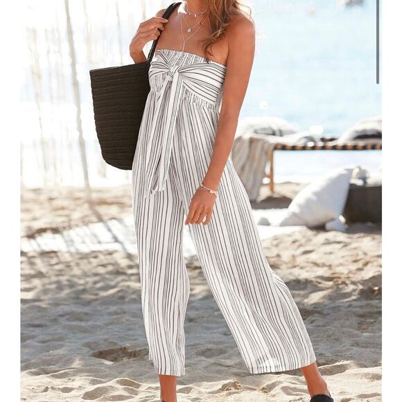 Lascana Tie Front Culotte Jumpsuit wide leg strapless wuite blue Romper SZ 4 - Picture 1 of 12